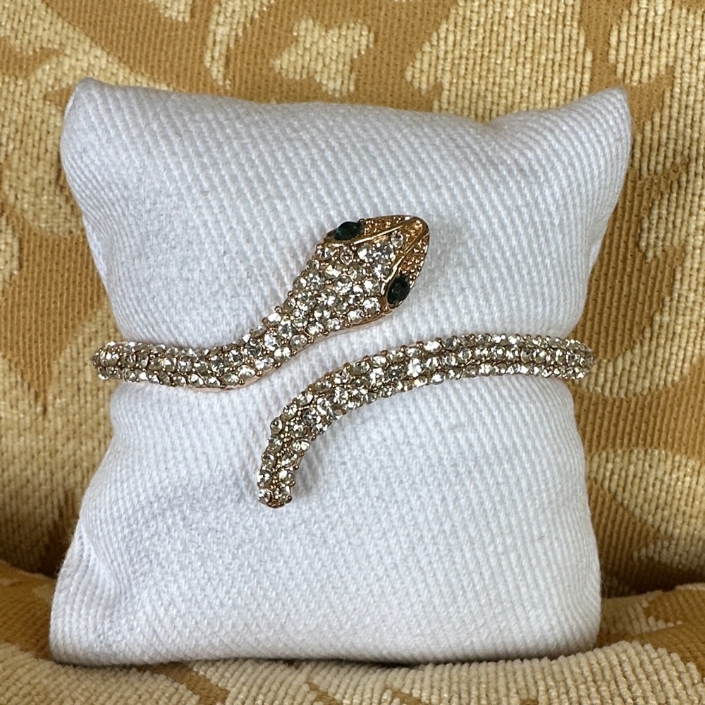 Gold and Rhinestone with emerald stone eyes Snake Bracelet